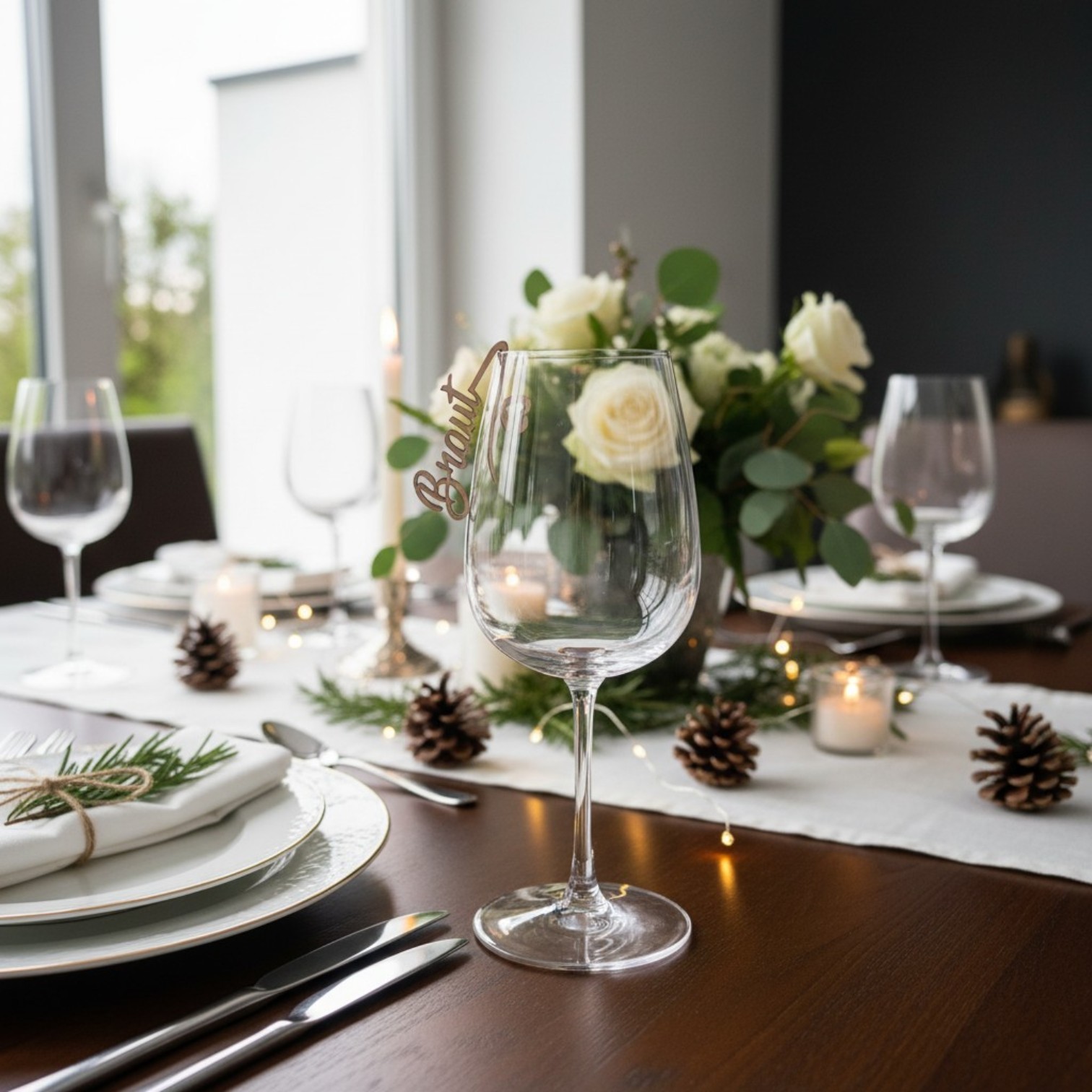 Personalisiertes Namensschild aus Holz – Platzkarte & Glasanhänger mit Herz für Hochzeit, Taufe, Kommunion und besondere Feste